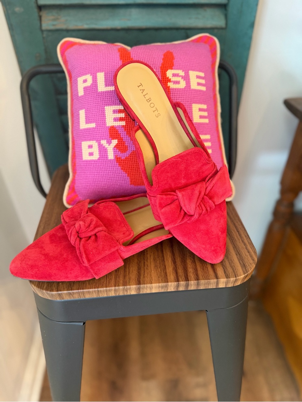 Talbots Edison Red Suede Bow Pointed-Toe Mules